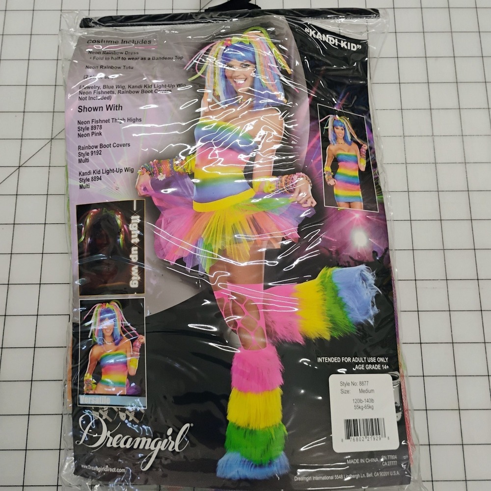 Adult HALLOWEEN Costume KANDI KID Medium DREAMGIRL 2 Piece Rainbow Colors - Picture 7 of 11